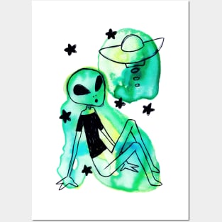 Alien UFO Watercolor Posters and Art